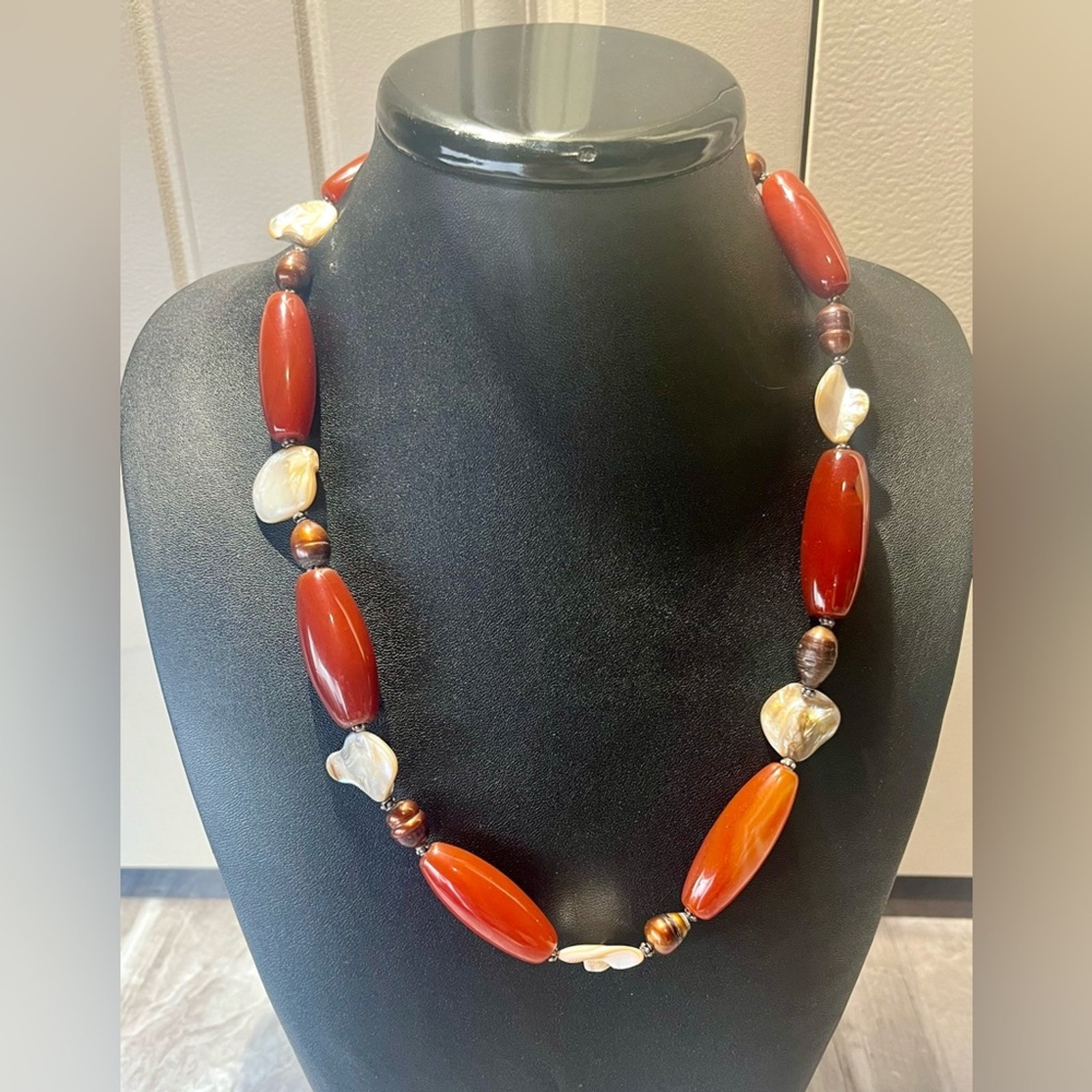 Donna Dressler Sterling Silver Blister Pearl Red Jasper Necklace